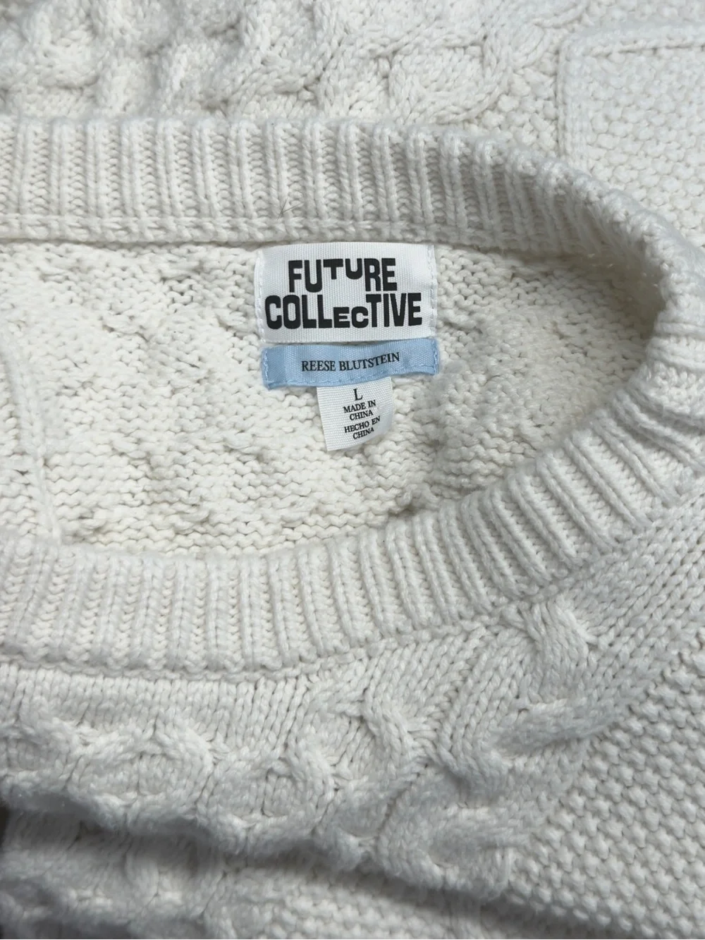 Future Collective Reese Blutstein Cropped Cable Knit Sweater White Cream Large